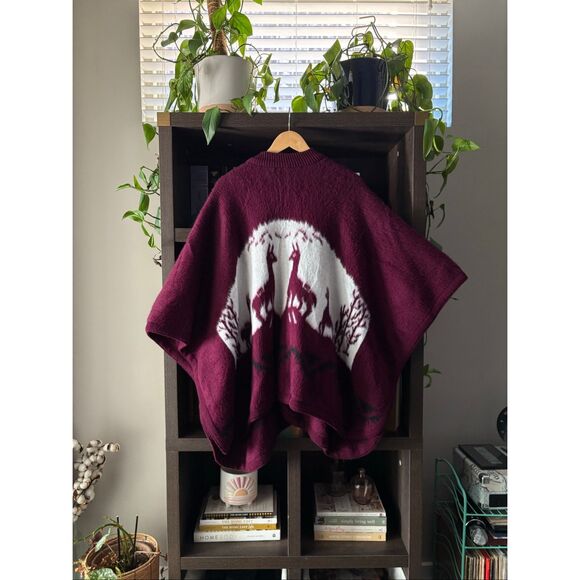 No Brand Sweaters - One Of A Kind Burgundy & White Alpaca Poncho Cape Sweater One Size